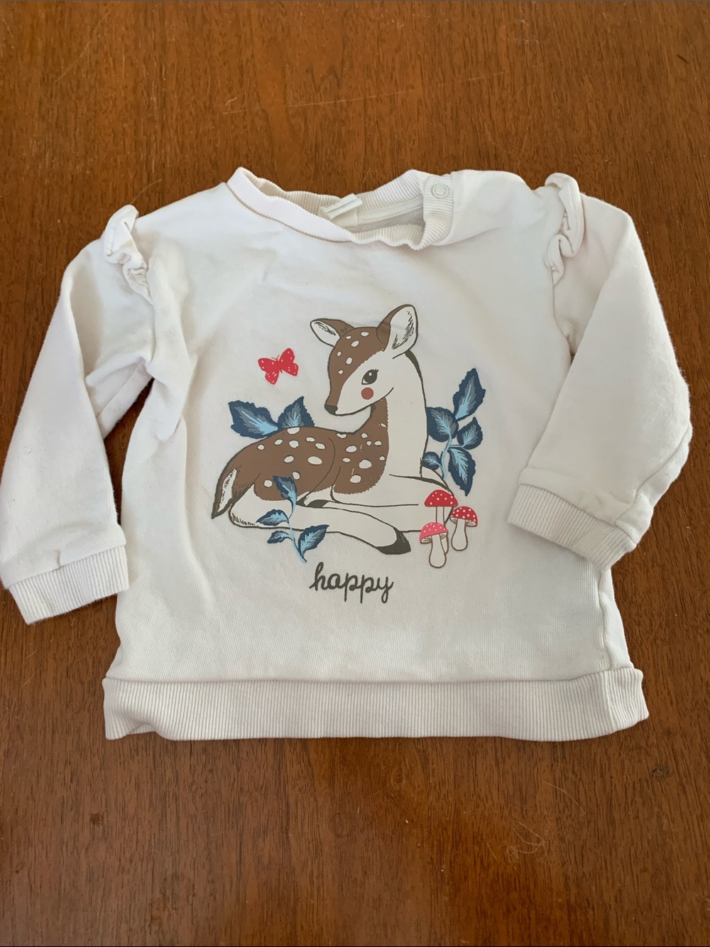 😊FREE😊 H&M Cream Sweatshirt with Brown Fawn and Blue Leaves size 9-12m